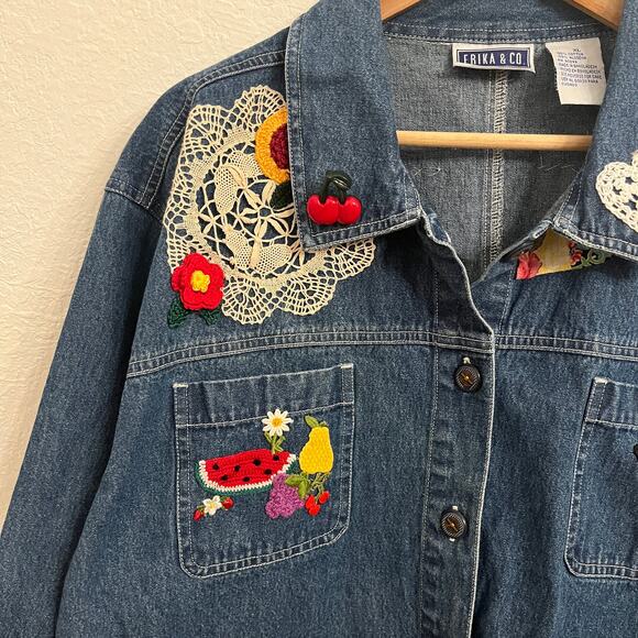 Vintage Handmade OOAK Denim Chore Shirt‎ Jacket XL Cottage Scottie Dog Grandma - Picture 3 of 16